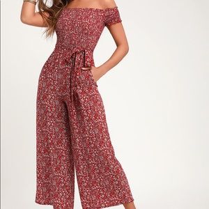 Behold Red Floral Print Off-the-Shoulder Jumpsuit